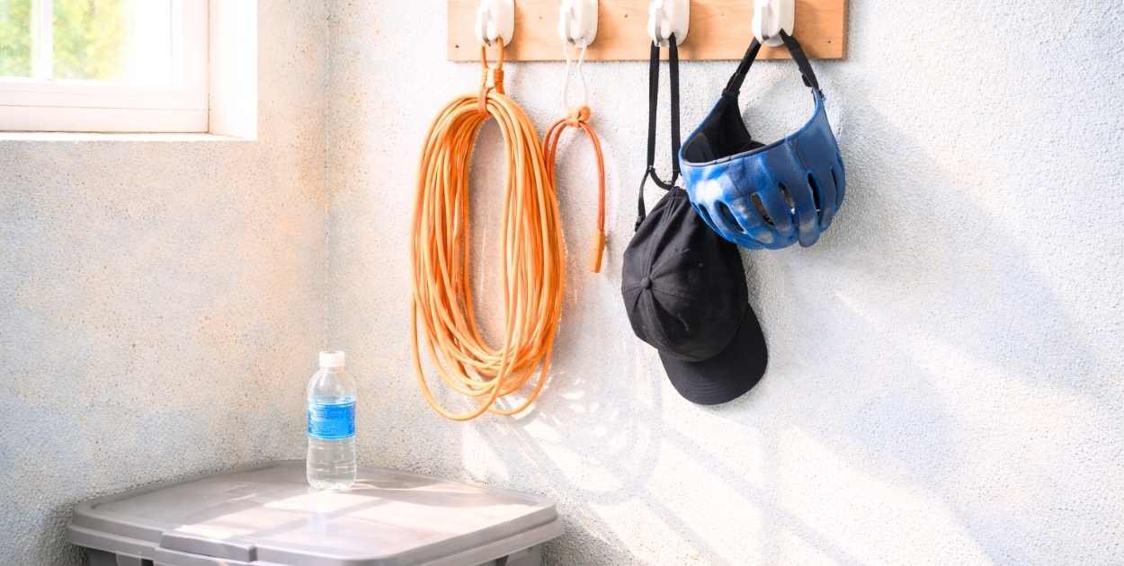 Organized garage wall with hooks and gear