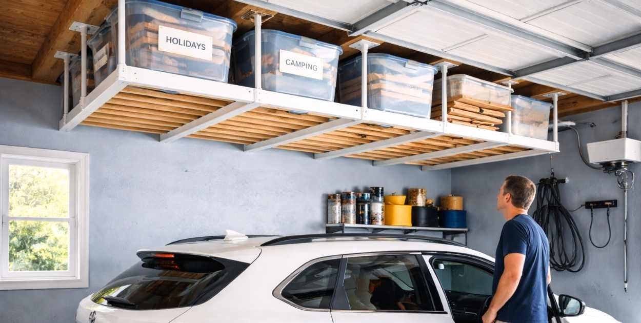 Organized garage with overhead storage