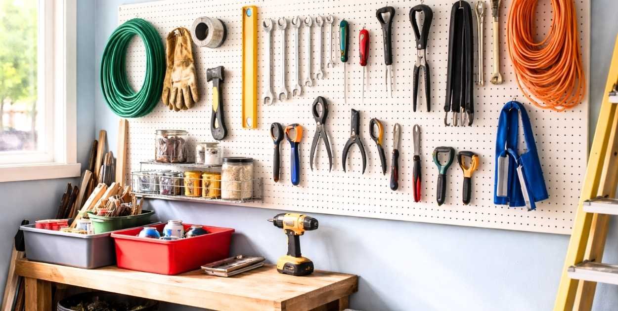 garage wall pegboard tools hanging realistic home setup
