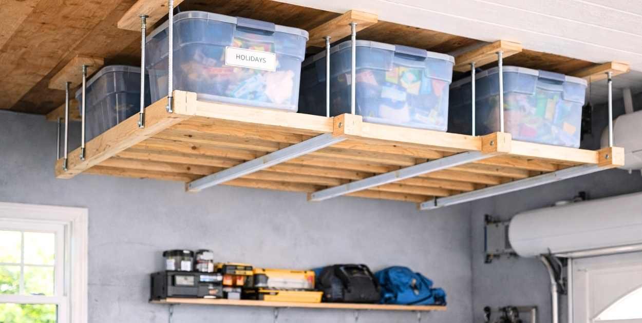 Ceiling-mounted garage storage system