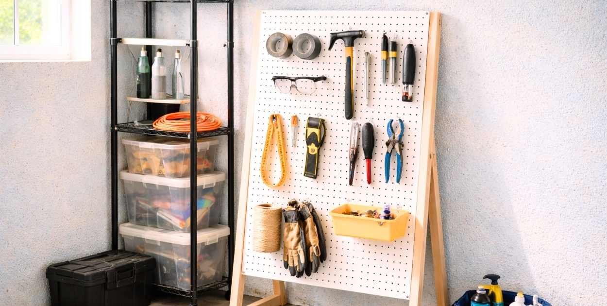 Well-organized garage tool on Freestanding Pegboard
