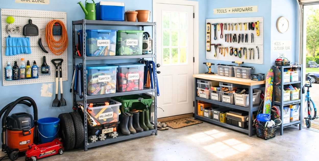 garage storage zones labeled sections bins shelves everyday home