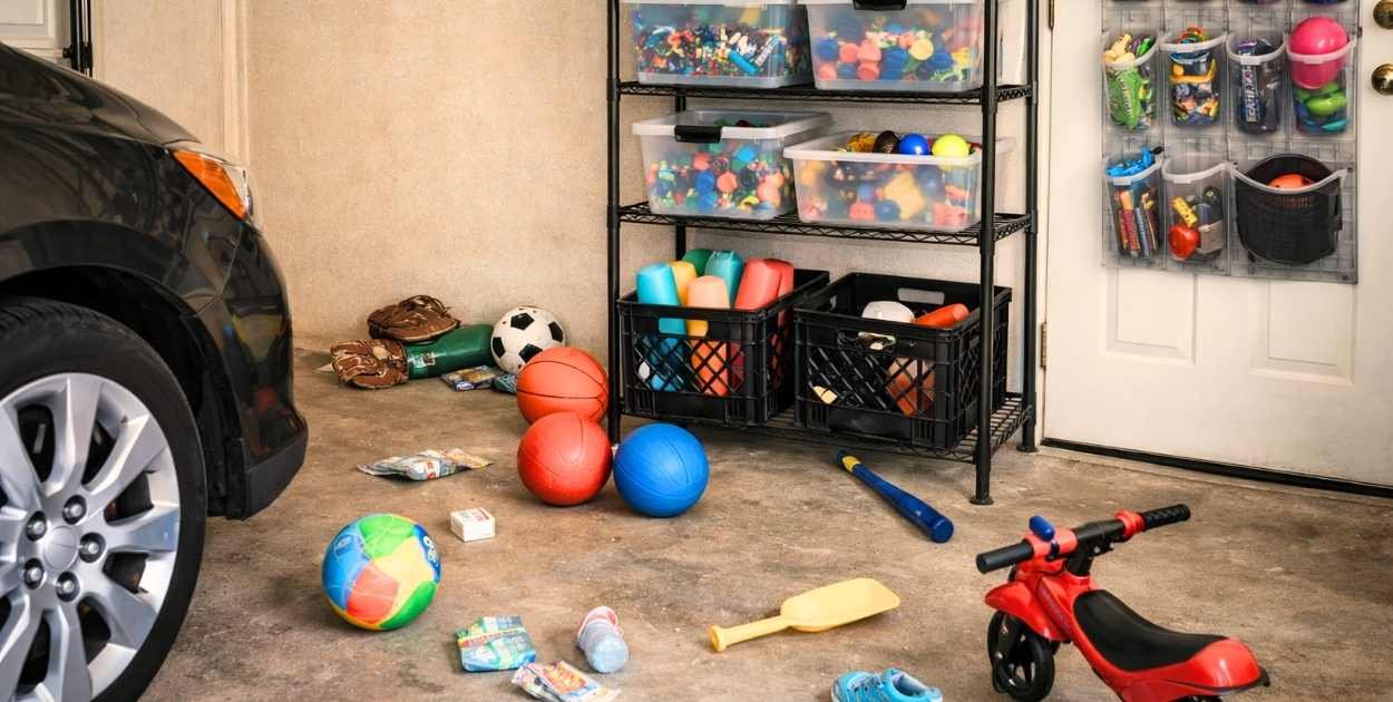 Cluttered garage filled with toys and gear