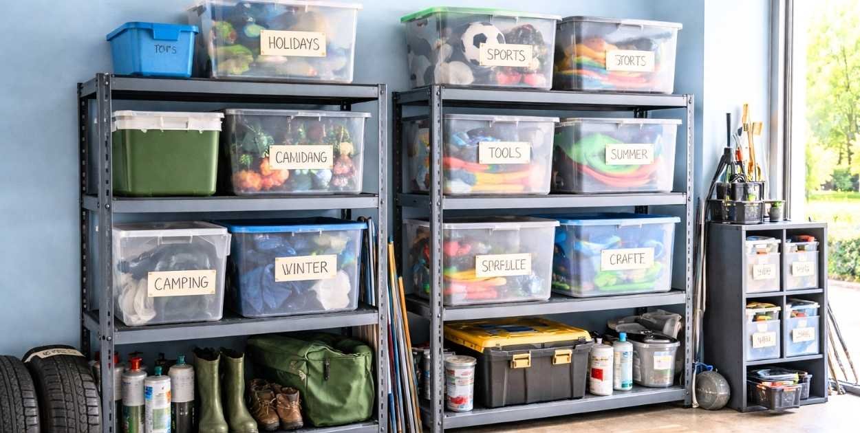 plastic storage bins stacked garage shelves simple budget storage