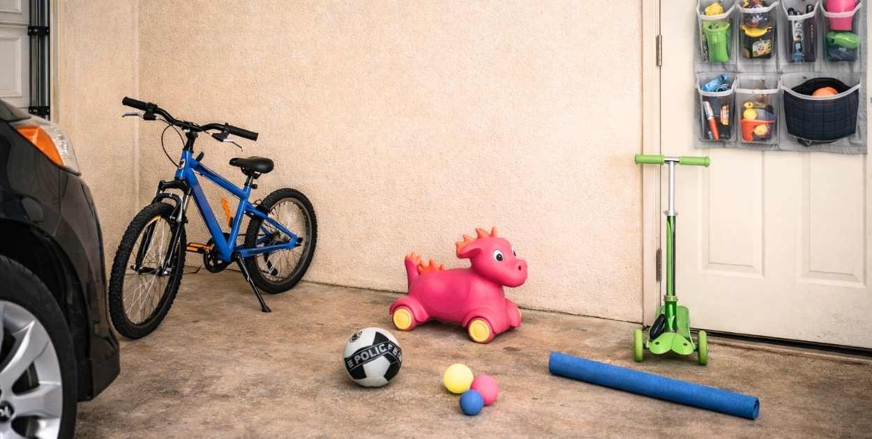 Organized garage with bikes and scooters