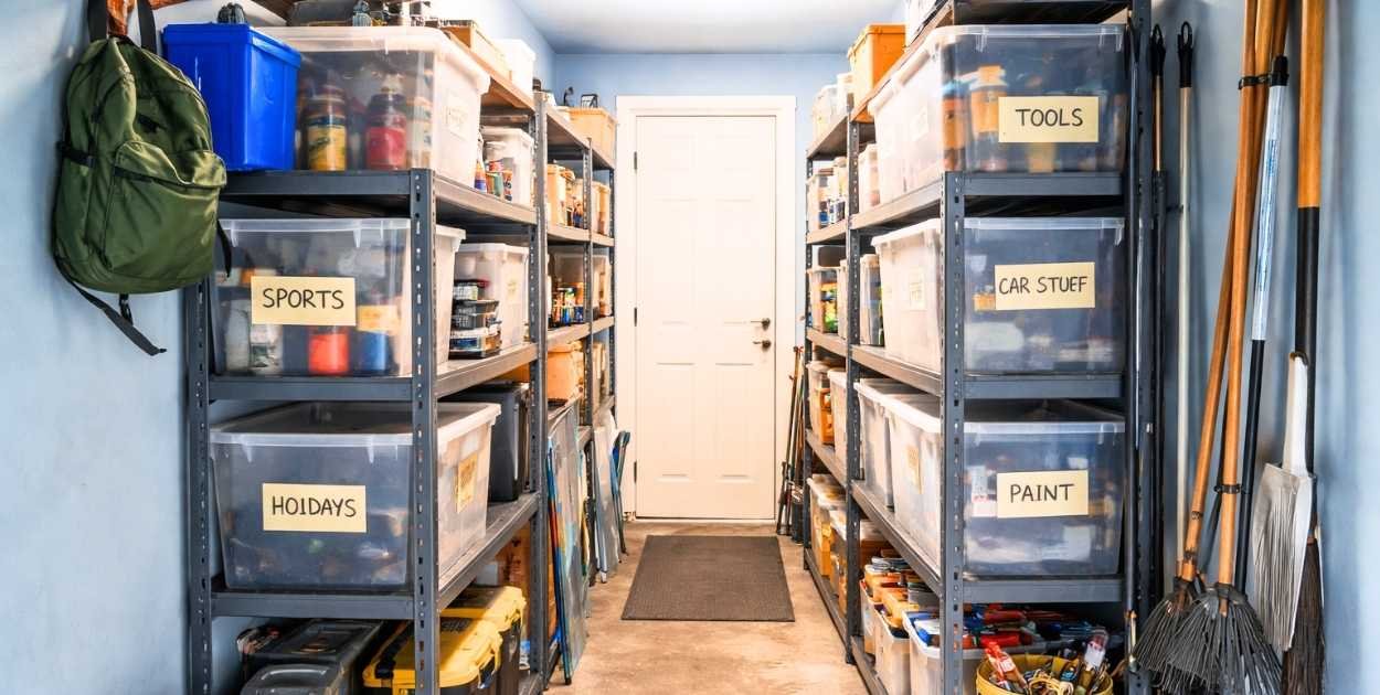 small garage tight space storage vertical shelving narrow walkway