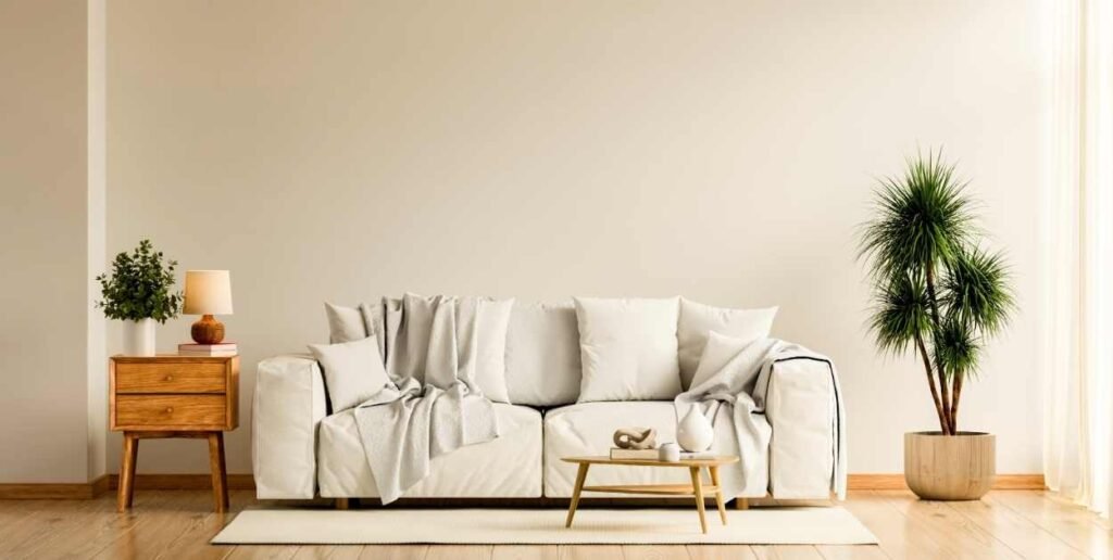 cozy finished living room warm lighting plants rug wall art real home natural light