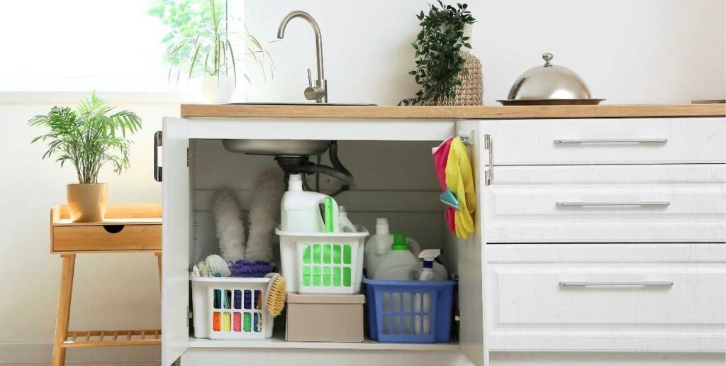under sink cabinet clutter vs organized pull out bins cleaning supplies