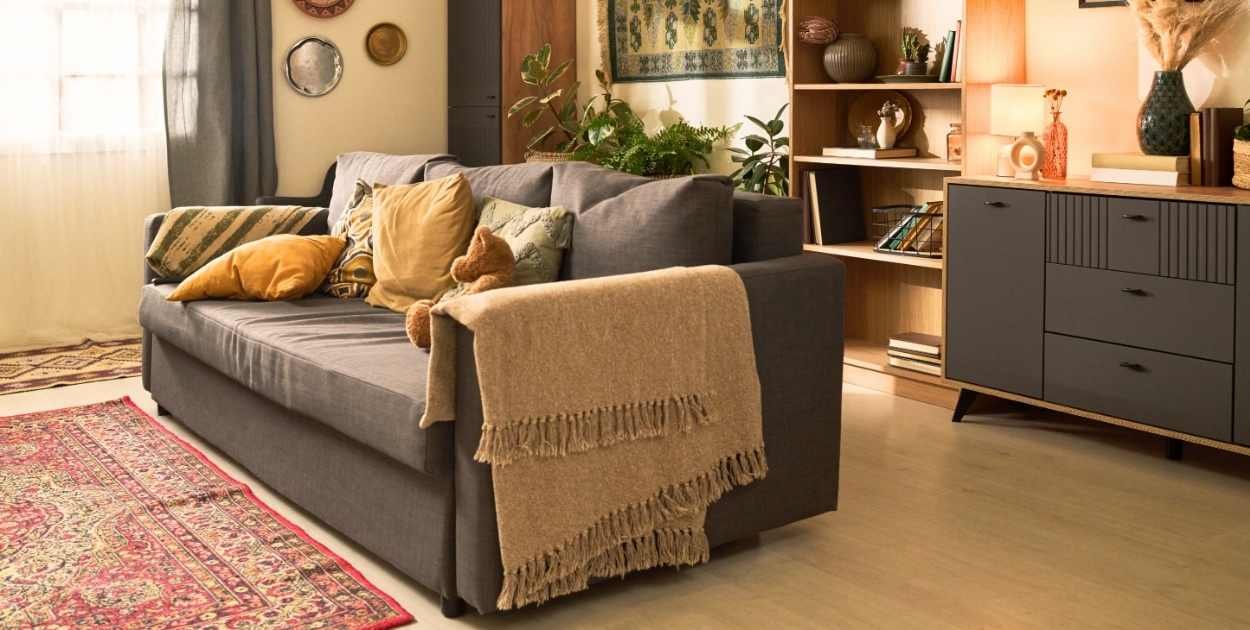 mixed textures interior design rough smooth soft hard materials example living room close up