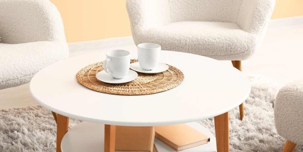 styled coffee table tray books candle plant modern cozy living room