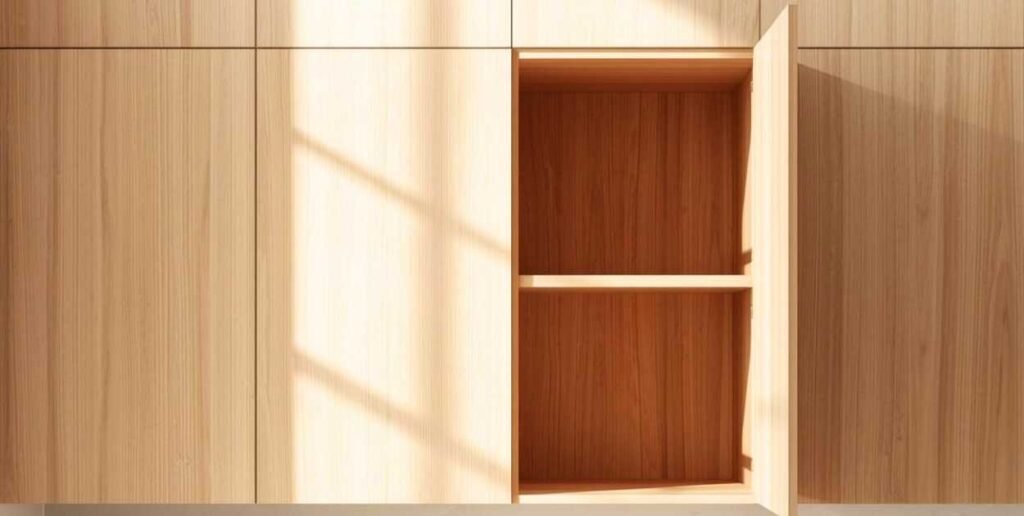 kitchen cabinet with one door removed open shelf styled real home natural light