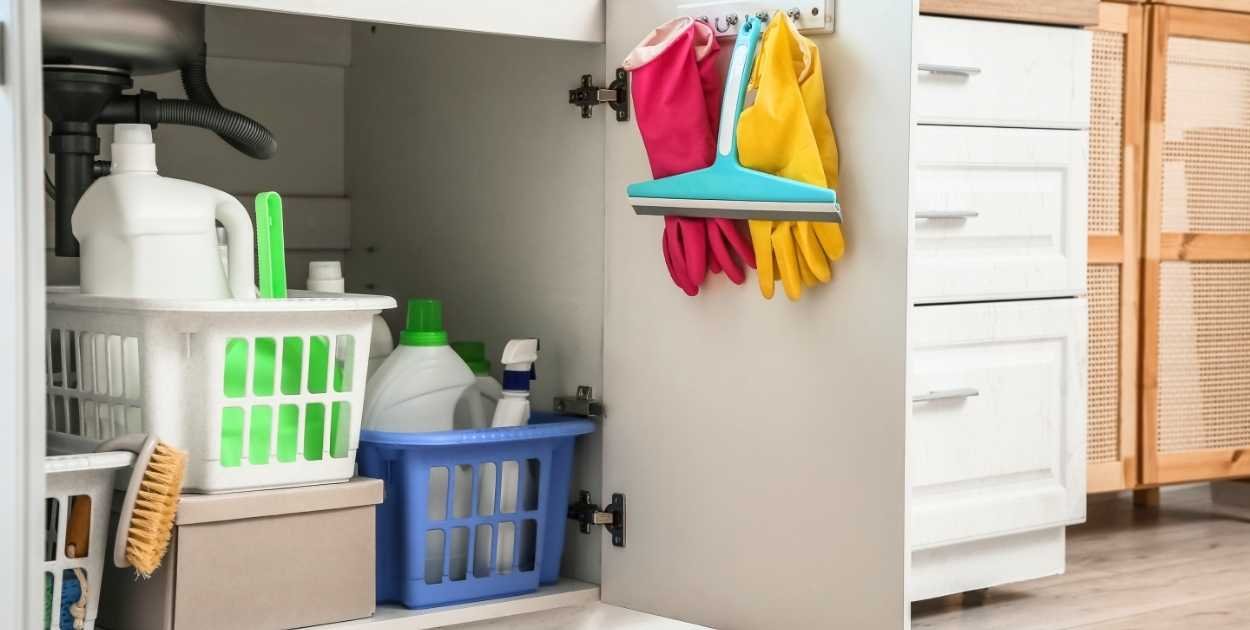 under sink adjustable shelf around pipes cabinet organization