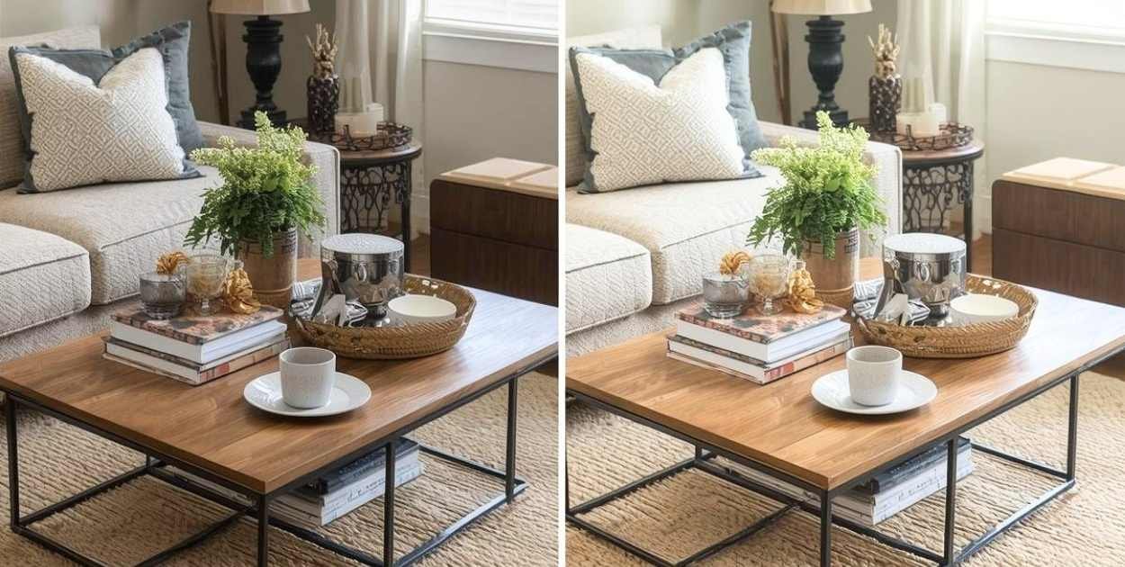 messy coffee table vs styled coffee table tray decor comparison