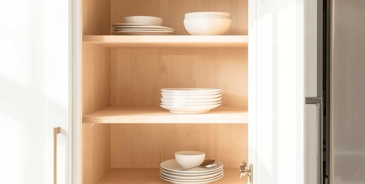 kitchen with one open cabinet shelf among closed cabinets real layout example