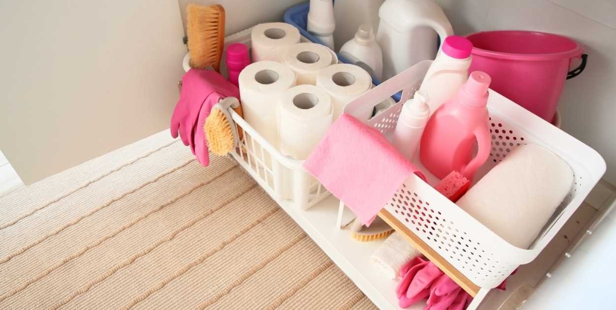 under sink cabinet bins labeled cleaning supplies organized