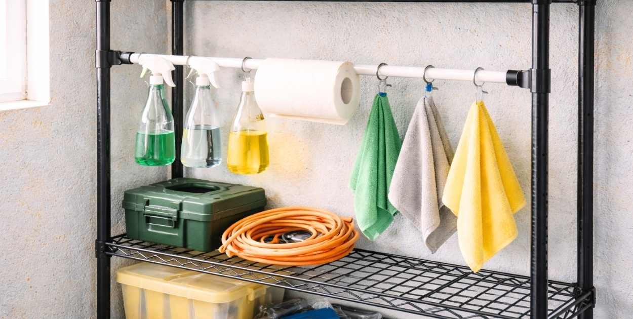 Organized garage shelving with cleaning supplies