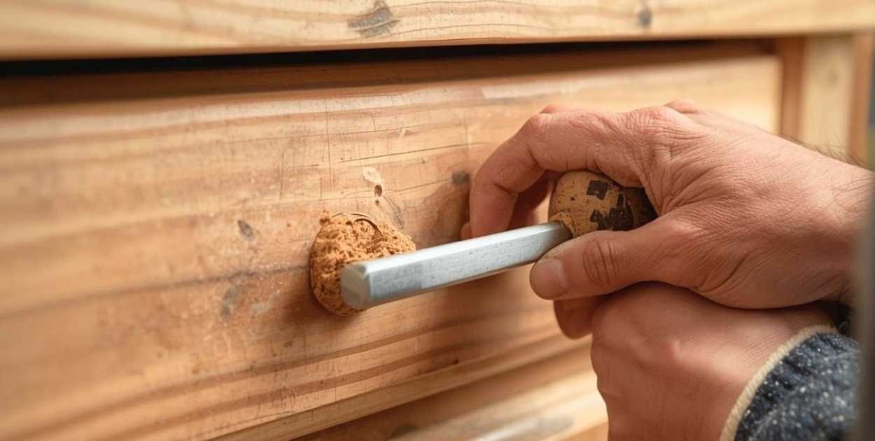 filling old cabinet holes wood filler before installing new handles