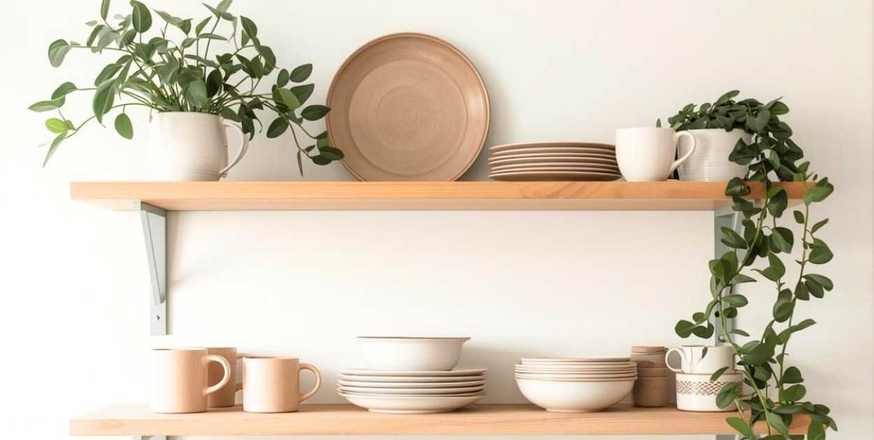minimal styled open kitchen shelf plates mugs plant neutral colors