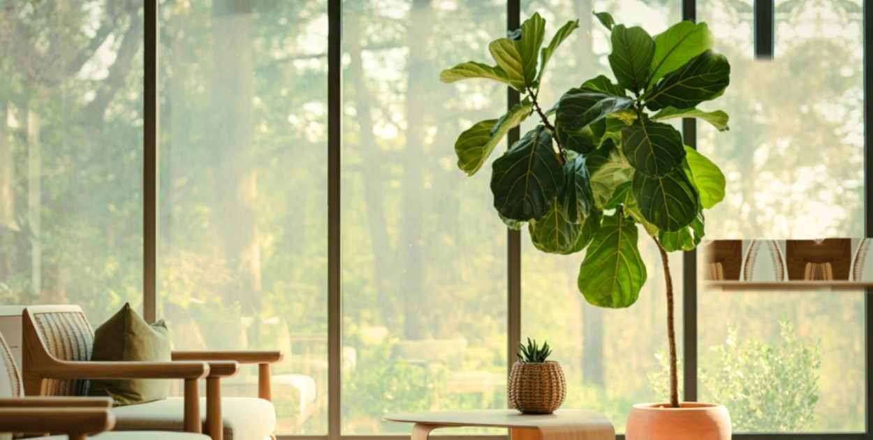 neutral living room with indoor plants monstera fiddle leaf fig cozy space