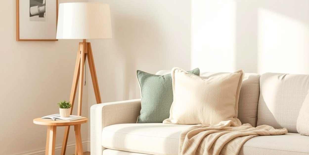 minimal living room decor essentials rug lamp pillows simple styled space