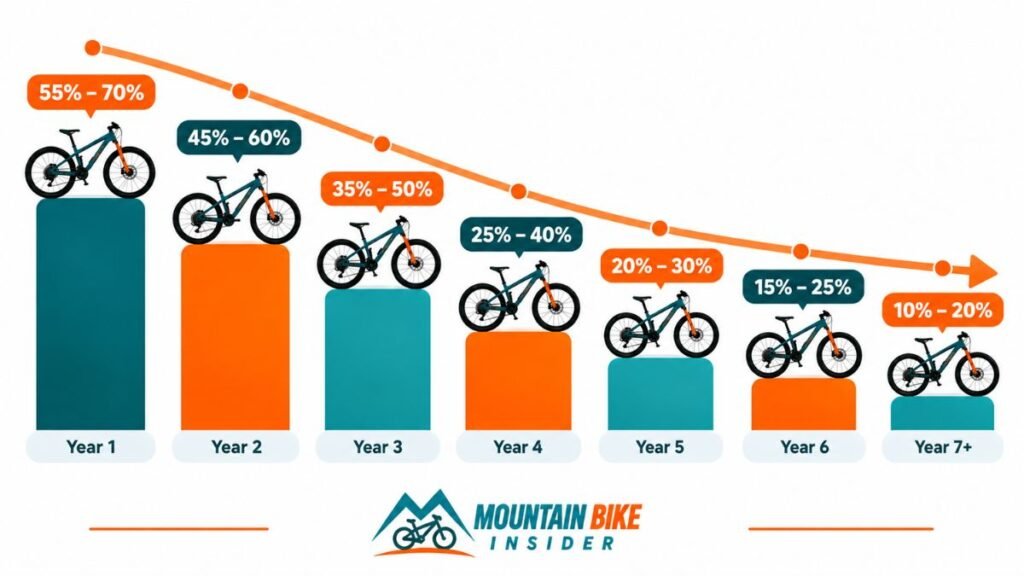 Mountain bike depreciation by year showing resale value declining from 55–70 in year 1 to under 20 after 7 years
